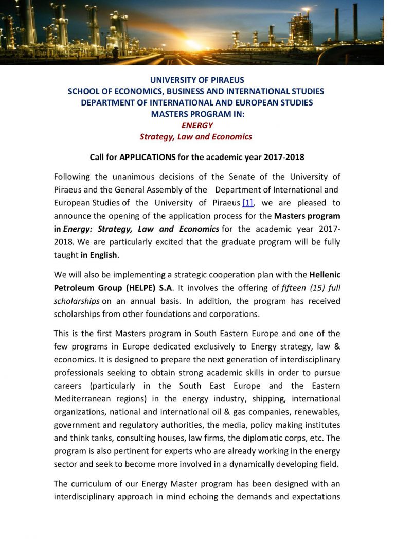Master program in Energy: Strategy, Law and Economics “Call for APPLICATIONS for the academic year 2017-2018 “